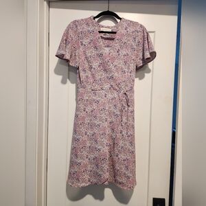 Monteau dress, mini faux wrap, pink with flowers, size Medium